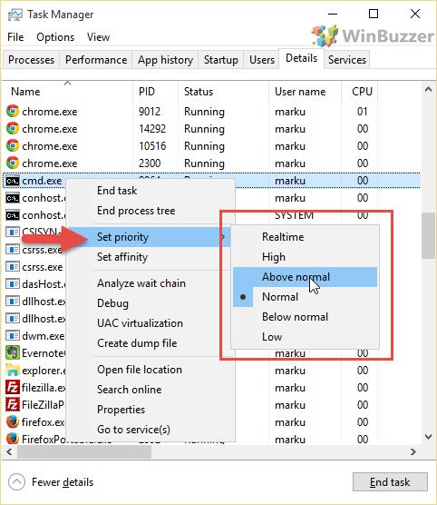 Windows 10 Task Manager process list set task priority_winbuzzer